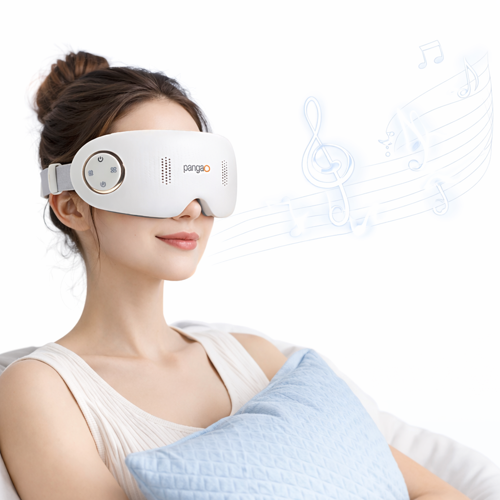 Kobieta z masażerem na oczach z funkcją muzyki